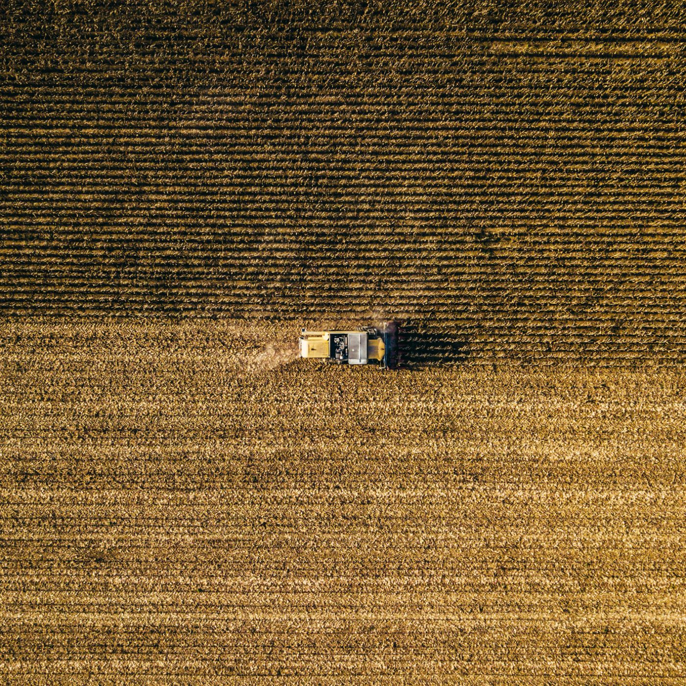 Aerial view of a combine harvester working a crop field